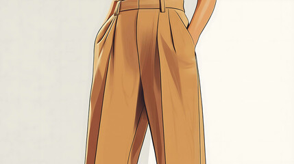 A close up of a person wearing a pair of beige high waisted wide leg pants.