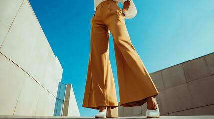 Sticker - Close-up of woman's legs wearing stylish wide-leg pants and white heels against a modern architectural background.