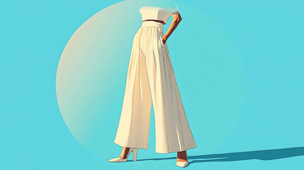 Sticker - Woman in white wide leg pants, blue background.