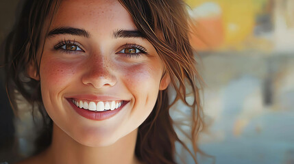 Close-up portrait of a young woman with freckles smiling.