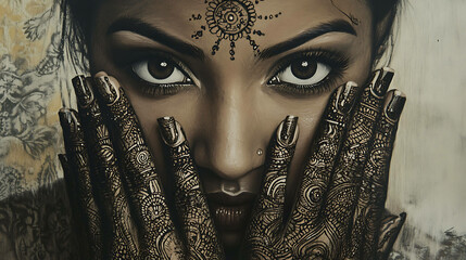 Close-up portrait of a woman with intricate henna designs on her hands, covering her face.