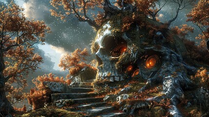 Wall Mural - Surreal Forest Landscape with Glowing Skull