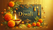 © gv image - Indian Hindu festival Happy Diwali Greetings card with gold text and gold Diya lamp design and marigold flower flower in soft golden yellow background