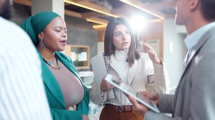 Poster - Diversity, meeting and tablet with business people in office together for collaboration or discussion. Administration, conversation or planning with man and woman employee team in corporate workplace