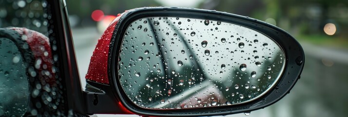 Wall Mural - Raindrops on a car's side mirror reducing visibility in inclement weather.