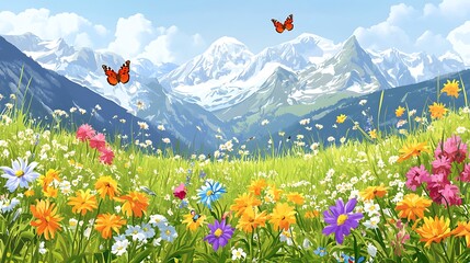 Wall Mural - Mountain Meadow with Wildflowers and Butterflies