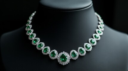 diamond and green emerald gemstone necklace. By itself, on Mannequin Neck. exclusive to female users. Dark Background