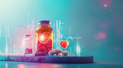 Wall Mural - A heart is surrounded by pills and a heart monitor