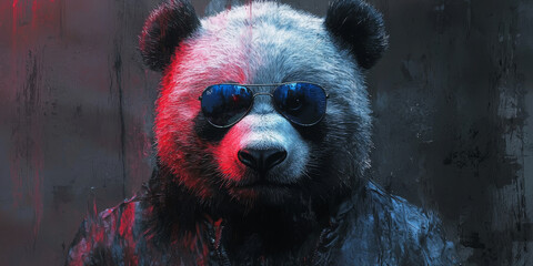 A panda wearing sunglasses and a jacket looks cool and stylish.