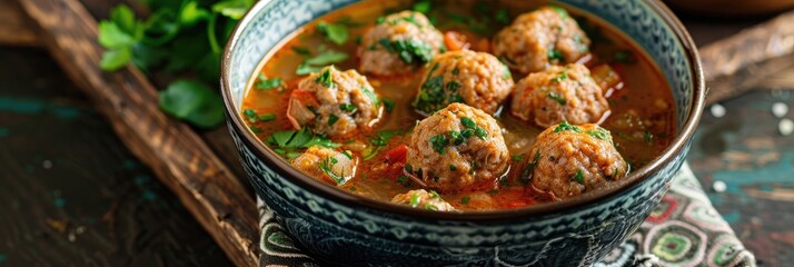 Wall Mural - Meatball soup served in an elegant bowl with croutons under bright lighting; a classic dish featuring meatballs, also known as kyufta or faggots, offering a flavorful experience.