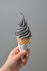 Hand Holding Black Soft Serve Ice Cream in Waffle Cone Against Minimalist Grey Background