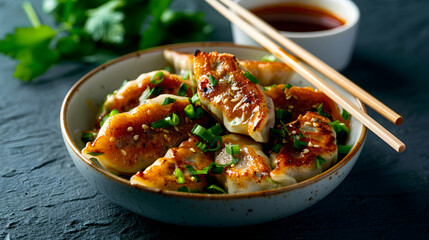 Canvas Print - Gyoza Japanese Dumplings Plate Dark Stone