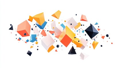 Cascading geometric shapes of various colors and sizes, featuring triangles, rectangles, and pentagons on a white background