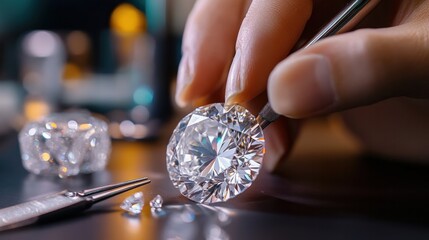 Close-up of a jeweler's hand on a desktop, holding tweezers, a magnifying glass, and a big round-cut diamond. An expert in diamond purchases looks at the diamond's color in natural light.