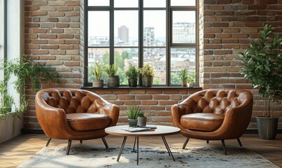 Modern living room with two leather armchairs, a coffee table and plants