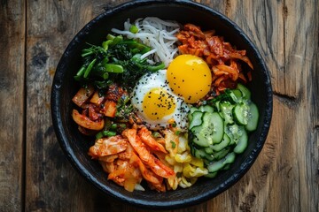 garaetteok dish served in a hot stone bowl at Korean fusion cuisine restaurant closeup - made of egg and vegetable, rice, beef meat