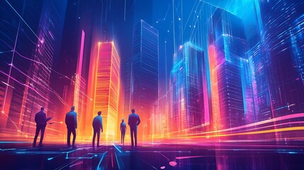 Wall Mural - Businesspeople Looking Towards Futuristic Cityscape