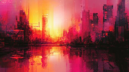 Sticker - Digital Cityscape with Red and Orange Glow