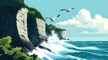 Wall Mural - Seagull Flying Over Coastal Cliffs and Waves