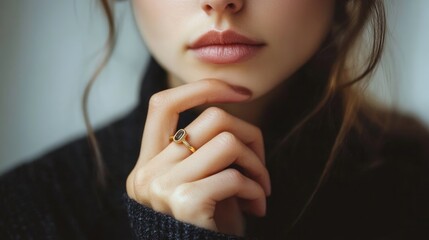 A natural stone ring on the finger of a sophisticated woman. The female model wears a sophisticated gold ring on her finger. Pictures of jewelry for e-commerce, social media, and other platforms