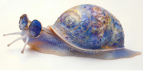 A snail with blue sunglasses and a colorful shell.