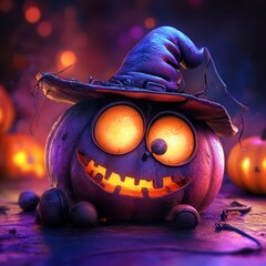 Poster - A whimsical Halloween pumpkin with glowing eyes at a festive celebration