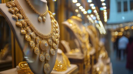 An up-close view of a boutique's display case in Manama, Bahrain, which sells gold necklaces and other jewelry