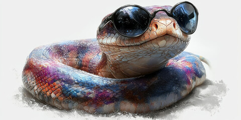 Wall Mural - A colorful snake wearing sunglasses looks cool and relaxed.