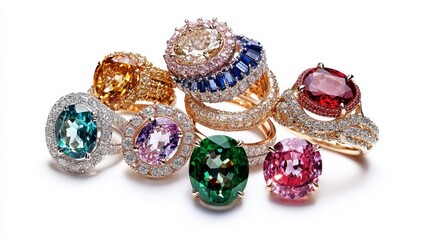 Poster - assortment of colored gemstone rings with colored diamonds and gemstones arranged against a white background