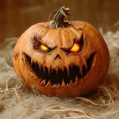 Canvas Print - Illuminated carved pumpkin with eerie expression displayed for Halloween