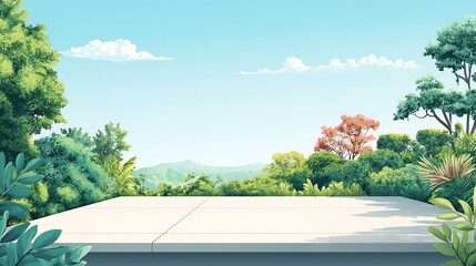 Wall Mural - White Platform in Lush Green Forest with Blue Sky and Mountains