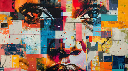 A vibrant contemporary art collage featuring fragmented portraits, geometric shapes, and abstract textures, blending digital and traditional elements. The composition is layered wi