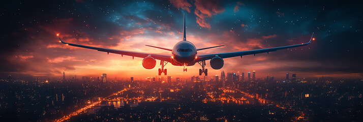 A dramatic sunset view of an airplane landing over a vibrant city skyline, showcasing the beauty of air travel.