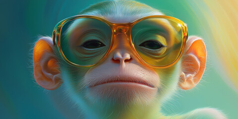 Sticker - A close-up of a monkey wearing yellow sunglasses.