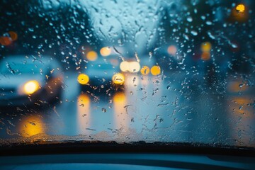 Wall Mural - Raindrops running down a car window as the windshield wipers work to clear the view. 