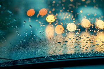 Wall Mural - Raindrops running down a car window as the windshield wipers work to clear the view. 