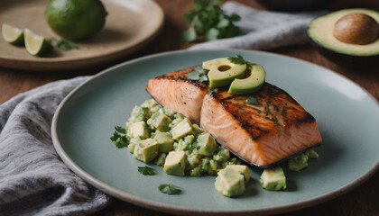 Wall Mural - cilantro lime baked salmon with avocado salsa on a plate