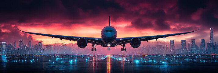 A striking airplane approach against a vibrant sunset, with city skyline in the background, showcasing travel and adventure.