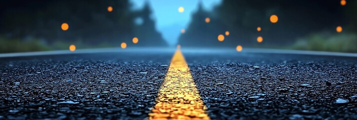 A close-up of a dark asphalt road with a yellow line leading into the distance, under a foggy sky.