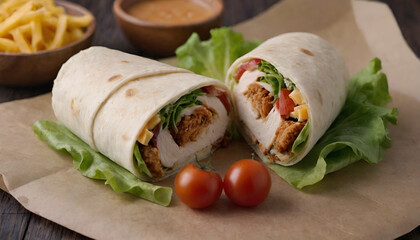 Wall Mural - crispy chicken wrap with lettuce, cheddar cheese and diced tomatoes