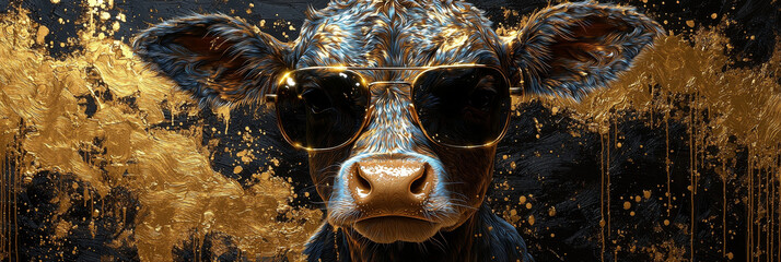 A cow with sunglasses looks directly at the camera. The background is black with gold paint splatters.