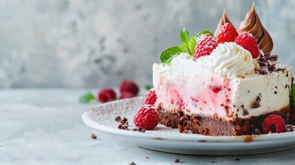 Wall Mural - Slice of layered berry and chocolate cake on plate, garnished with mint raspberries