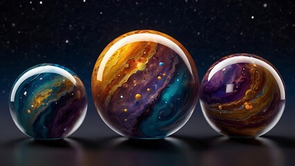 Wall Mural - Reflective planets on space shaped as bubbles made fantasy unique illustrated design of mystical space in endless galaxies