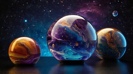 Wall Mural - Reflective planets on space shaped as bubbles made fantasy unique illustrated design of mystical space in endless galaxies