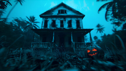 Poster - Halloween Themeold House With Hallowen Pumpkins