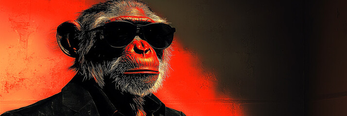 Sticker - A chimpanzee wearing sunglasses and a suit looks intensely into the camera.