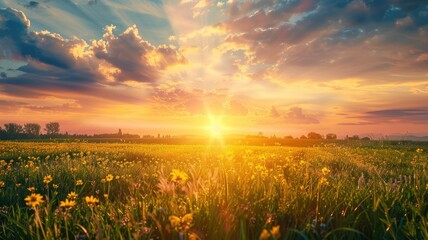 Wall Mural - Vibrant sunrise over field of yellow flowers with dramatic clouds