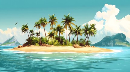 Wall Mural - Tropical Island Paradise with Palm Trees and Blue Ocean