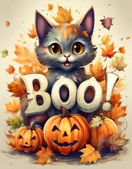 Canvas Print - Halloween artwork flyer. Playful Boo lettering in a bouncy, exaggerated font with cute cat, autumn leaves and pumpkins. Graphic art illustration poster