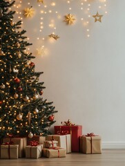 Wall Mural - christmas and new year background - gift boxes and stars near decorated christmas tree and copy spac